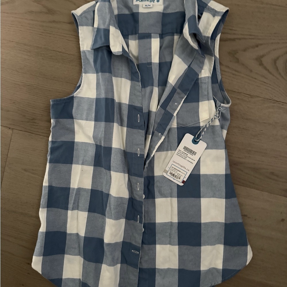 NWT SPORTING LIFE button down blue and white checkered shirt, never worn (M)